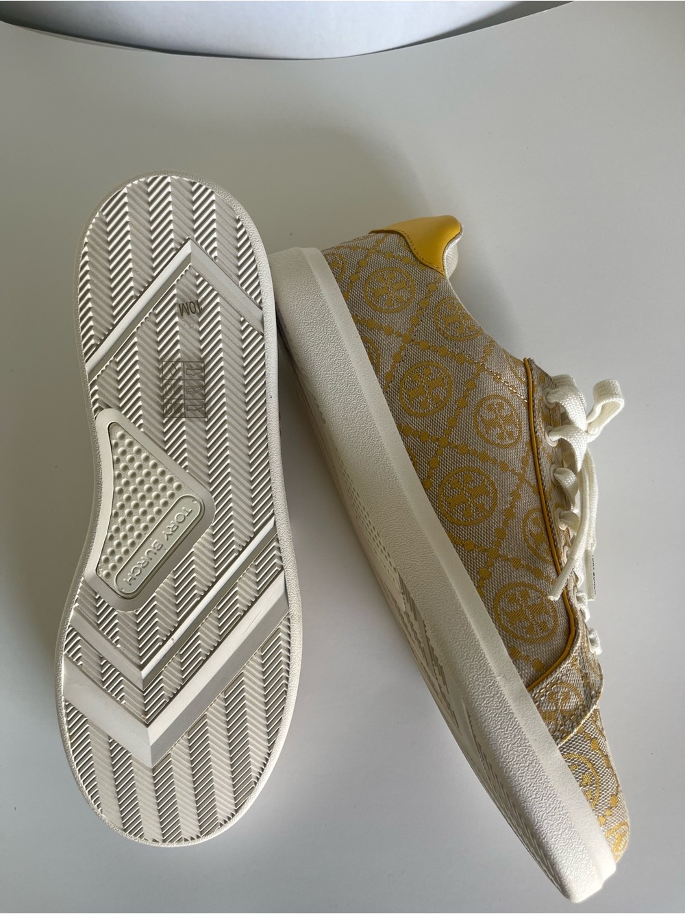 Tory Burch Cream and Mustard Logo Jacquard Sneakers - Picture 3 of 7